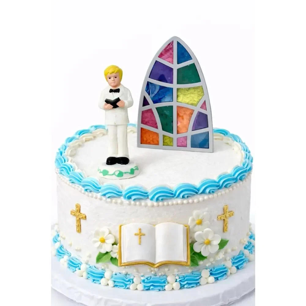 First Communion Blond Boy Cake Topper Gift Keepsake Vintage White Suit Bible